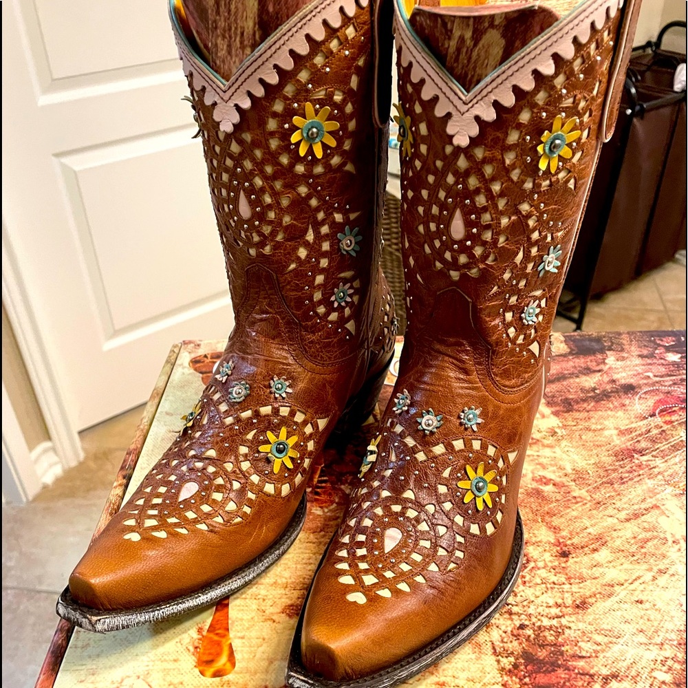 Old Gringo Brown Leather Floral Cutout Western Boots with Yellow & Blue Accents